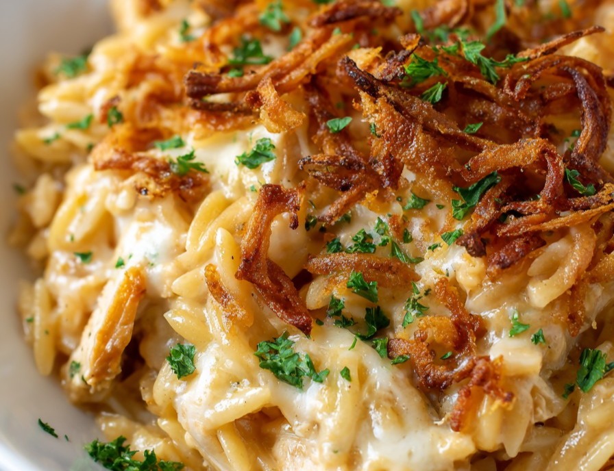 French Onion Chicken Orzo Casserole suggested serving